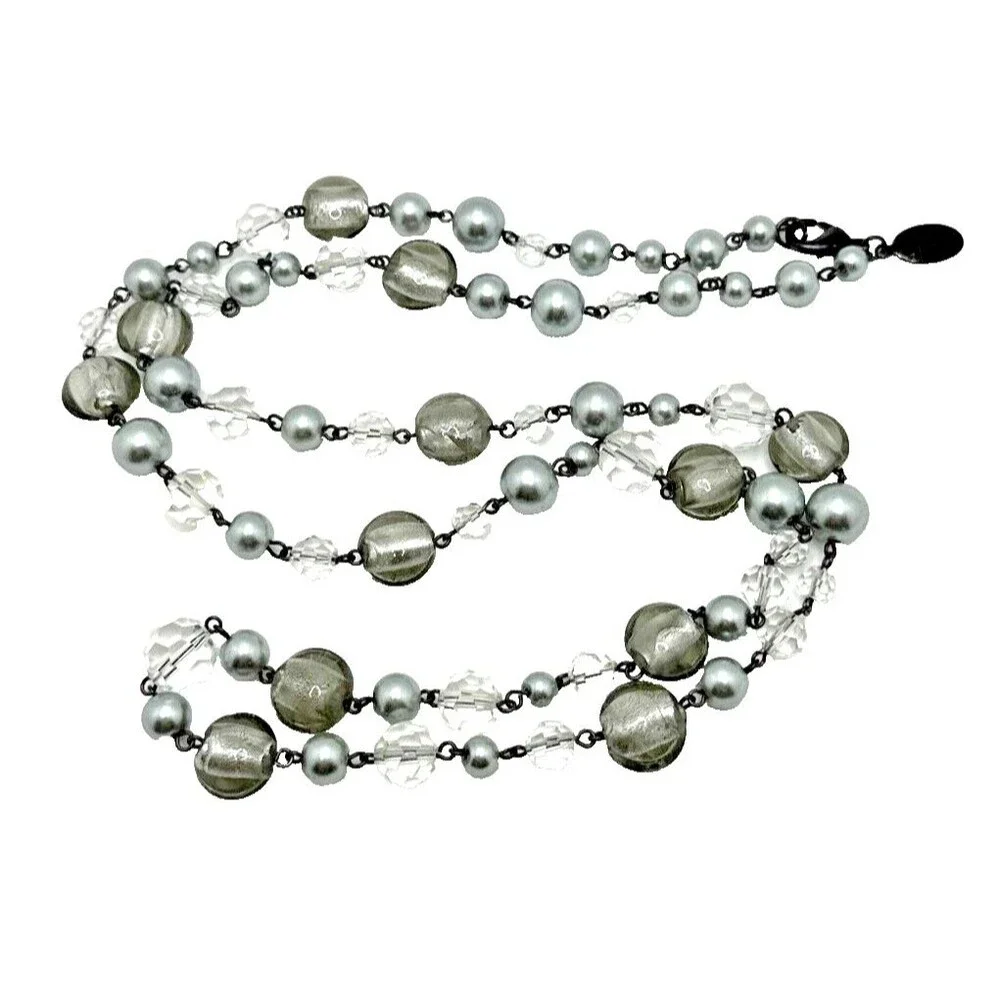 White House Black Market Station Necklace Gray Clear Glass Bead Long 35